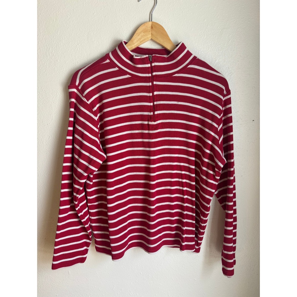 VTG LL Bean Womens XL Red White Striped Quarter Zip‎ Ribbed Cotton Pullover